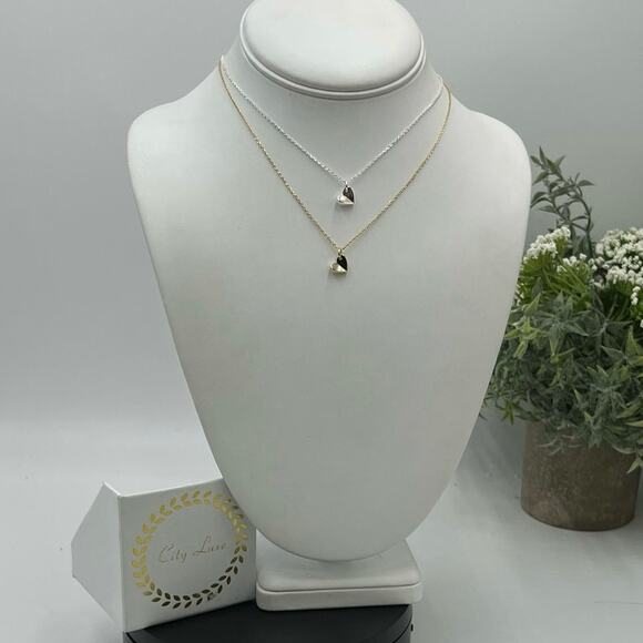 City Luxe Mother of Pearl Two Tone Plated Heart Pendant Double Necklace New - Picture 1 of 8
